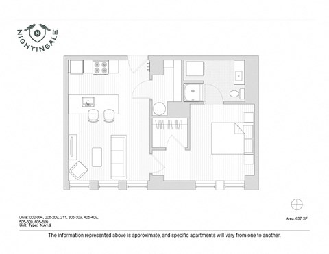 Floor plan for 1 bed, 1 bath, 637 sqft